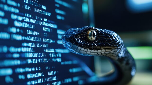 Python coding: A computer screen displaying Python code with a digital snake, symbolizing the use of Python for data engineering tasks.