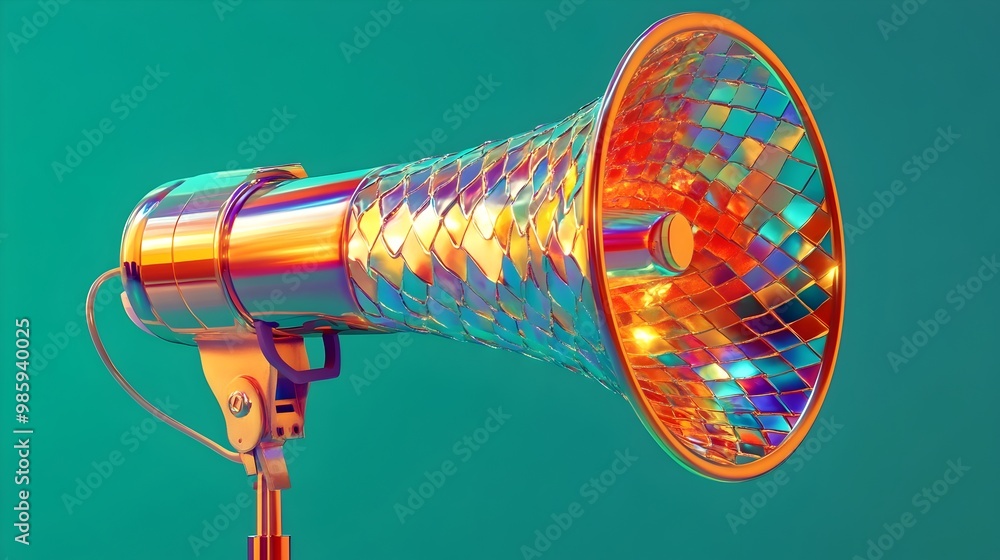 Poster a 3d digital showcases a megaphone covered with shimmering iridescent scales against a vibrant green