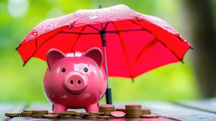 Rainy day savings: A pink piggy bank, covered by a red umbrella, collecting coins, representing a safe haven for money.