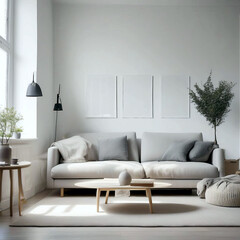 Modern minimalist Scandinavian-style living room with large windows filled with soft, natural light. Minimalist furniture, plants and neutral tones create a simple, calm and cozy atmosphere.