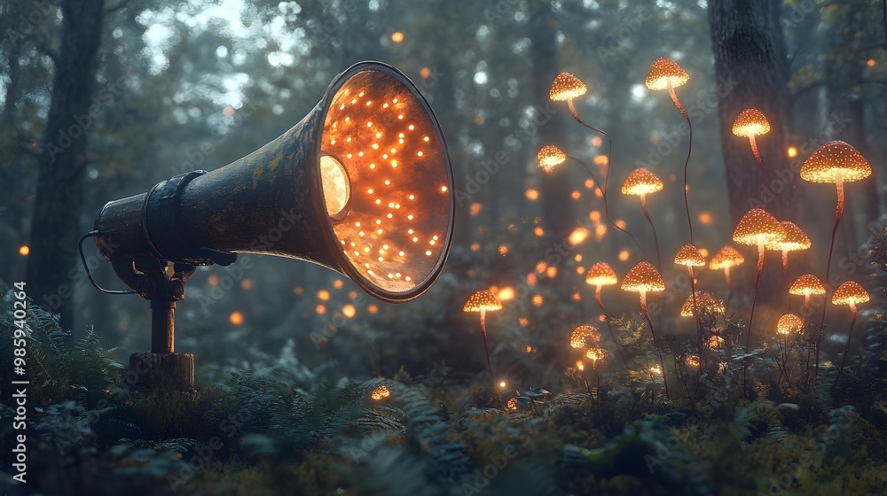 Poster a 3d portrays a captivating megaphone adorned with a stunning display of glowing mushrooms and glow 