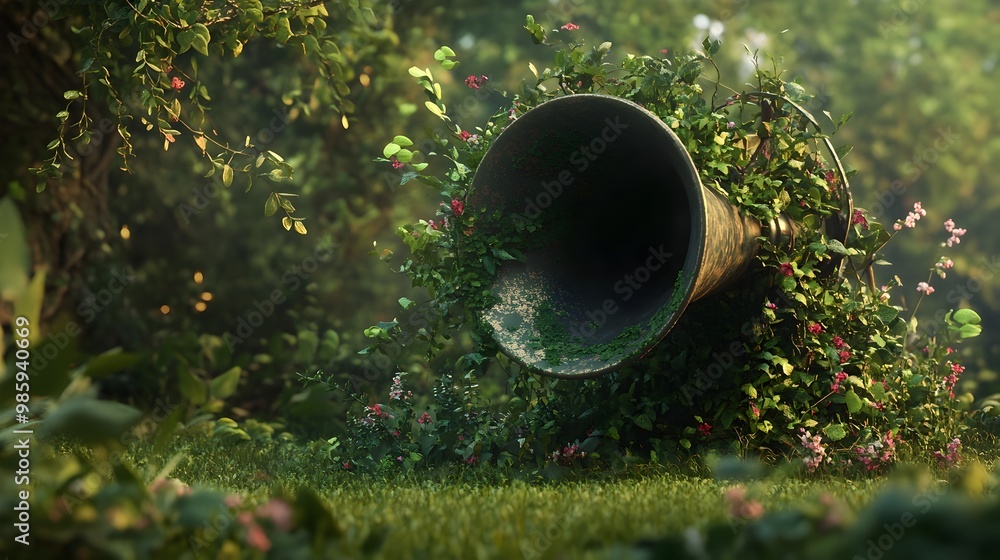 Poster a 3d portrays a megaphone cloaked in a verdant embrace of trailing vines cascading foliage and bloom