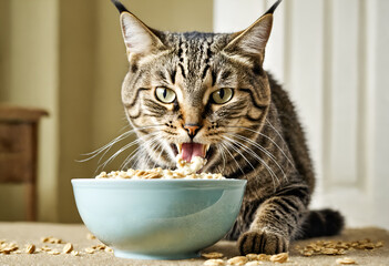 Cat with bowl of food at home indoor.