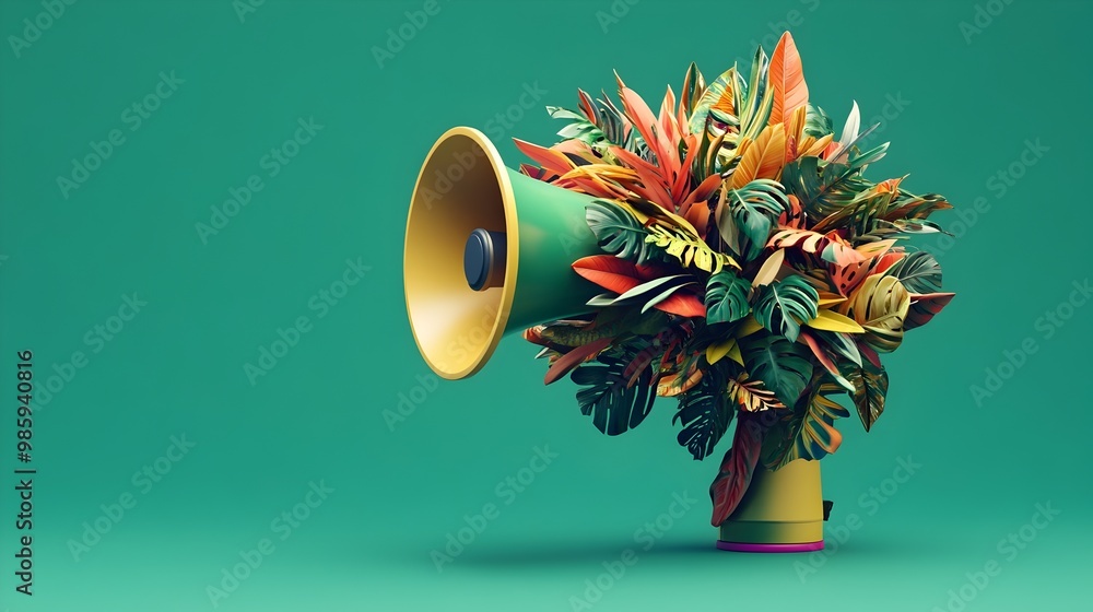 Poster a 3d portrays a megaphone covered with colorful tropical foliage against a green background creating