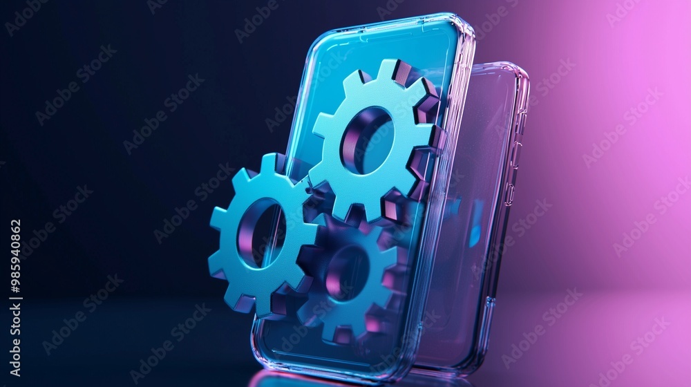 Poster 3d vector update icon with glassmorphism effect, featuring floating gears and a smartphone, symboliz