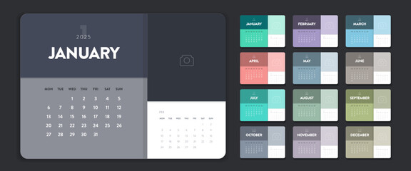Calendar template 2025 creative minimal business monthly. Desk, wall calendar for print, digital calendar or planner. Week start on Monday. Simple modern annual calendar layout design element. Vector.