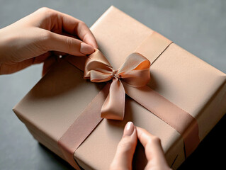 A closeup of hands gently adjusting a soft satin ribbon on a neatly wrapped kraft paper gift box, capturing the moment of care and precision in gift preparation and presentation.
