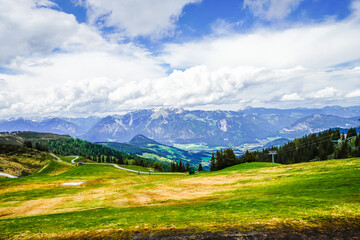 Obraz premium Landscape at the Wiedersberger Horn in the Alpbachtal. View of nature and the mountains and the Zillertal Alps near Alpbach in Austria. 