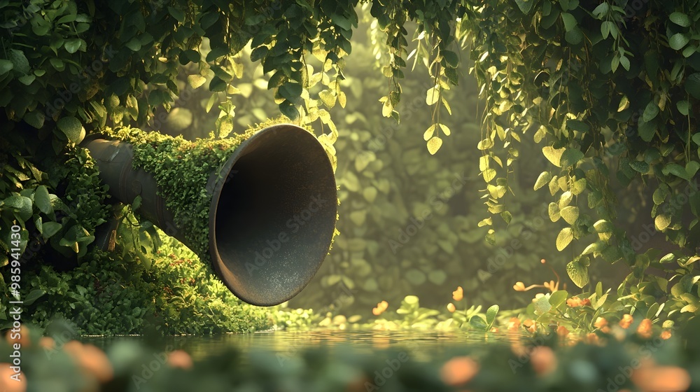 Poster a 3d portrays a megaphone enveloped in a verdant cloak of trailing vines cascading foliage and bloom