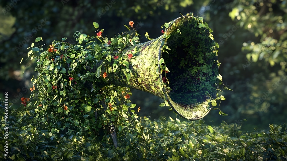 Poster a 3d portrays a megaphone enveloped in a verdant cloak of trailing vines leafy tendrils and blooming