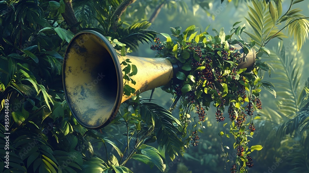 Poster a 3d portrays a megaphone enveloped in an intricate web of vines and trailing passion flowers set ag