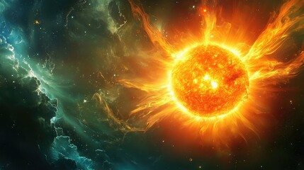 Obraz premium Solar activity: A vibrant image of the sun emitting powerful solar flares during a geomagnetic storm, representing the dynamic and ever-changing nature of solar activity