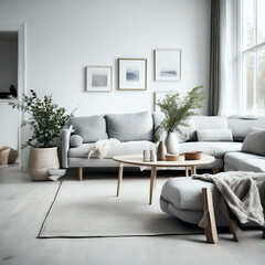 Fototapeta premium Modern minimalist Scandinavian-style living room with large windows filled with soft, natural light. Minimalist furniture, plants and neutral tones create a simple, calm and cozy atmosphere.