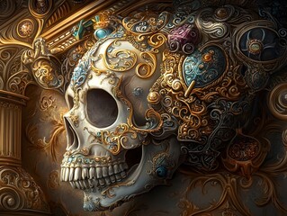 Ornate Skull with Intricate Filigree Patterns in Jewel Toned Colors and Opulent Victorian Aesthetic