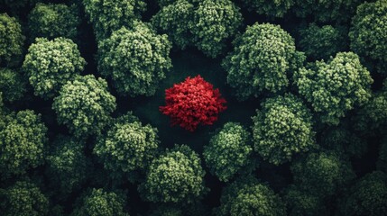 Special talent: An aerial view of a single red tree standing out among green trees, illustrating the value of having special skills and abilities.