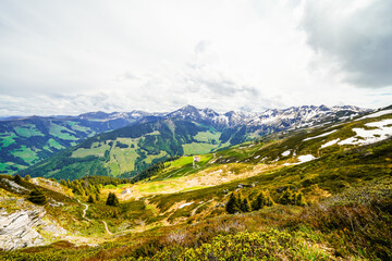 Naklejka premium Landscape at the Wiedersberger Horn in the Alpbachtal. View of nature and the mountains and the Zillertal Alps near Alpbach in Austria. 