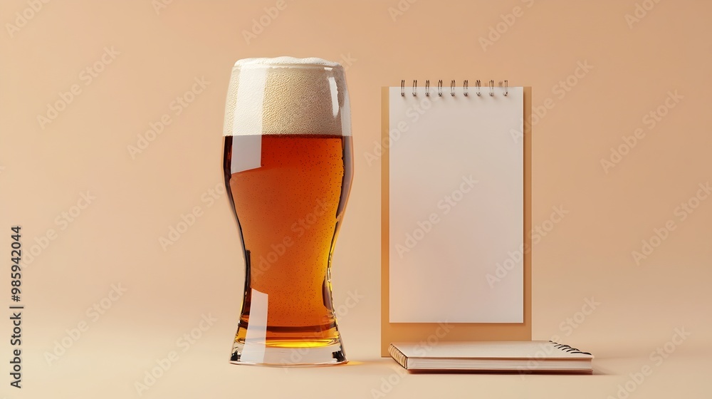 Poster a 3d rendered depicting a beer tasting experience with a glass of beer and an open notebook for reco