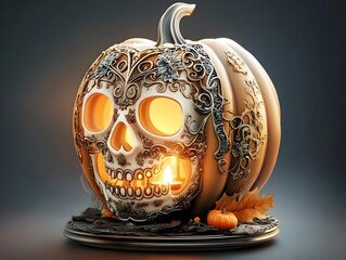 Grinning Skull Lantern   Ornate Carved Pumpkin Head with Flickering Candle Light Intricate Halloween Autumn Centerpiece