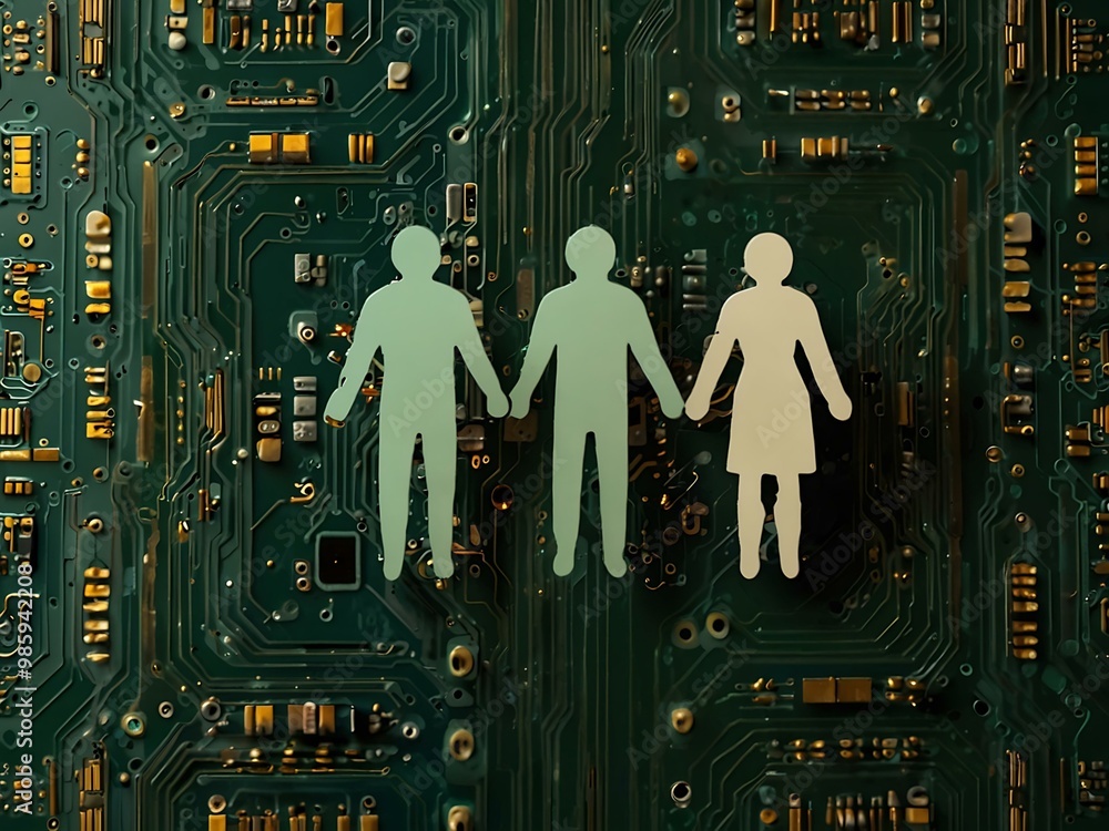 Poster Digital representation of figures on a circuit board.