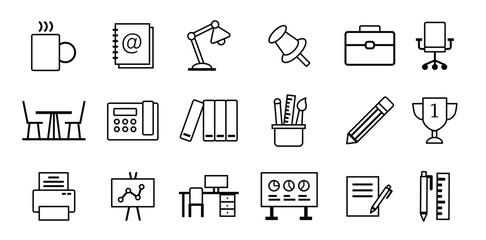 Fototapeta premium 18 Office Objects, Accessories and Supplies Icons. Office Space Icons. Vector illustration.