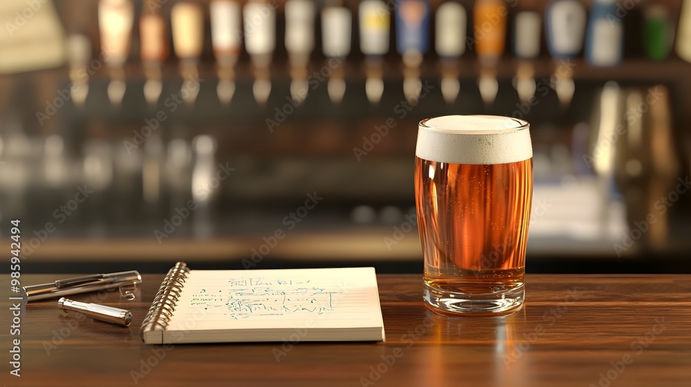 Poster a 3d rendered flat design showcasing beer tasting notes with a glass of amber colored beer and open 