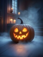Obraz premium Sinister Halloween Jack o Lantern Casting Shadows in Dimly Lit Candlelit Room