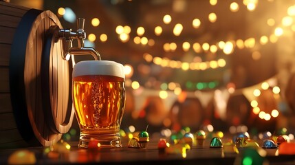 A 3D rendered image of draft beer pouring from a keg in a festive setting featuring a flat design style with warm a lively celebratory atmosphere
