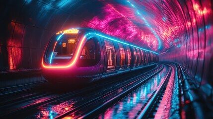 Fototapeta premium futuristic subway train speeding through neonlit tunnel streaks of electric pink and blue light create dynamic sense of motion and urban energy in underground setting