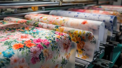 Fototapeta premium Textile printing: A view of the heat transfer printing process, showcasing the application of floral patterns onto fabric in an industrial environment.