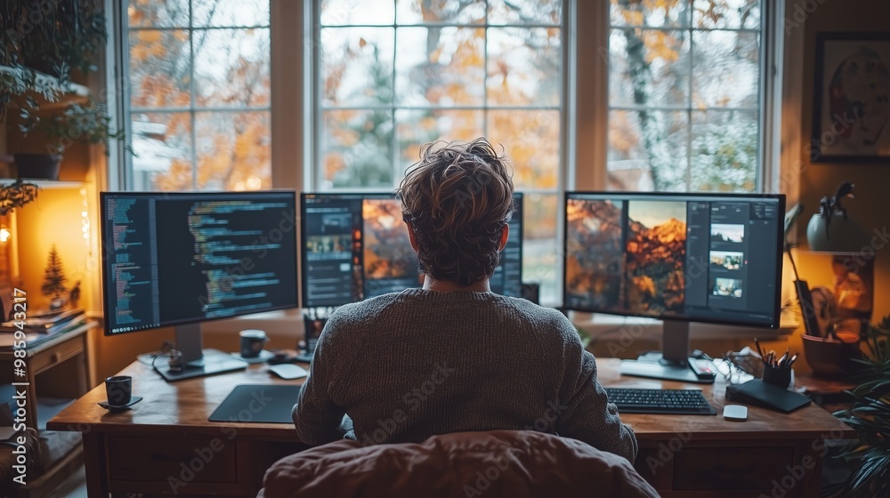 Poster cozy remote workspace with multiple monitors