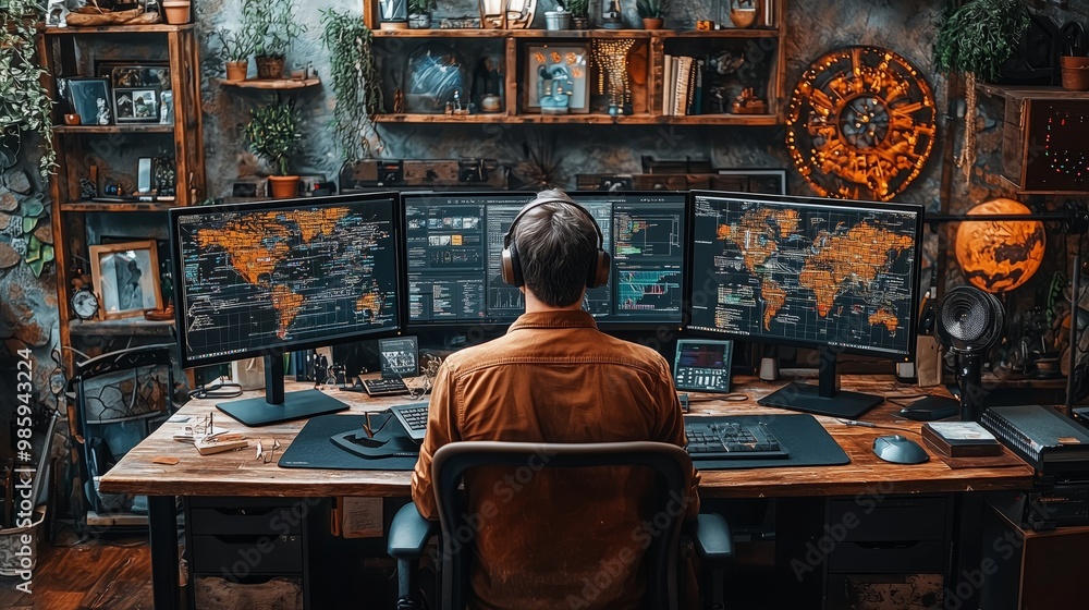 Poster remote worker with multiple monitors in cozy space