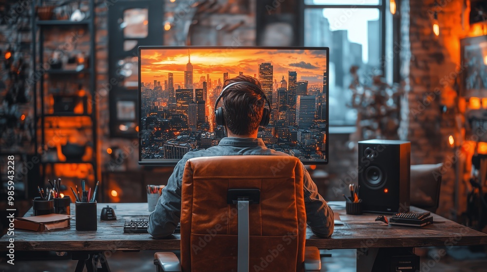 Poster remote worker at large monitor in stylish workspace
