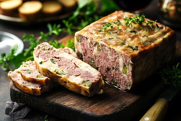 Sliced terrine with herbs and vegetables on a wooden board.