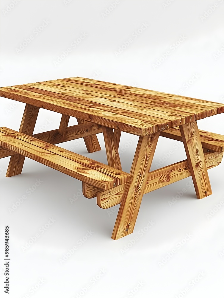 Poster a 3d rendered photograph of a rectangular wooden picnic table with attached benches isolated on a cl