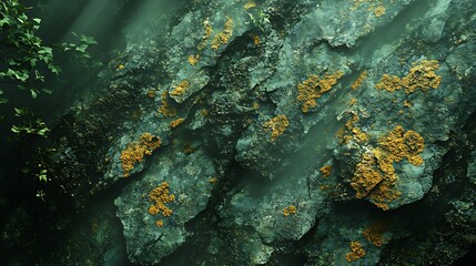 Close-up of a mossy rock face with sunlight streaming through.