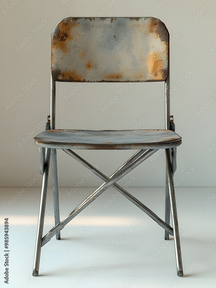Poster a 3d rendered photograph of a sleek and modern metal folding chair with a minimalist and clean desig