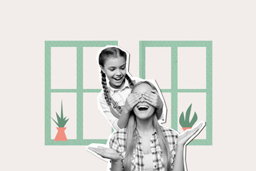Composite photo collage of two happy girls mother daughter play home together shut eyes family day...
