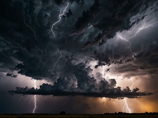 Dramatic storm scene with swirling clouds and lightning.
