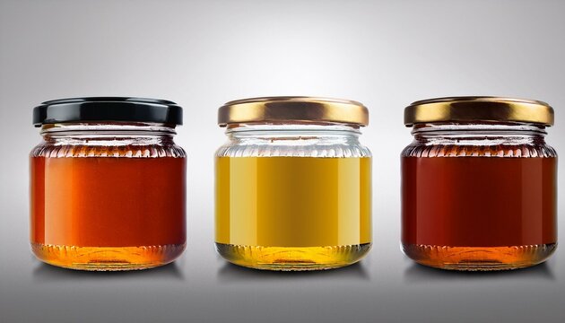 Glass jars of honey in different colors with empty, blank label, white sticker area for brand logo. Isolated on gray background. Concept of mockup mock-up shablon template advertising montage