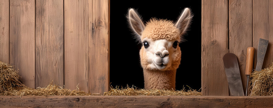 Curious alpaca peeking out of a barn door, with hay scattered on the ground and farm tools leaning against the wall