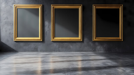 Reflected avant-garde gallery mockup with gold frames on charcoal grey wall. Avant-Garde. Illustration