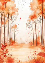 Watercolor, simple, cartoon style, forest autumn trees and grass at the bottom of the page, white background for an instagram story, card, wallpaper, template copy space.
