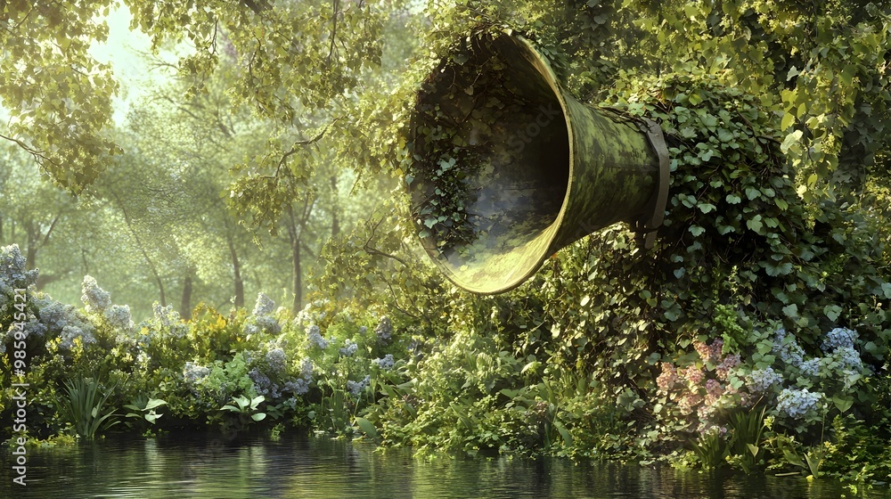Poster a captivating 3d depicting a megaphone enveloped in a verdant cloak of trailing vines cascading foli