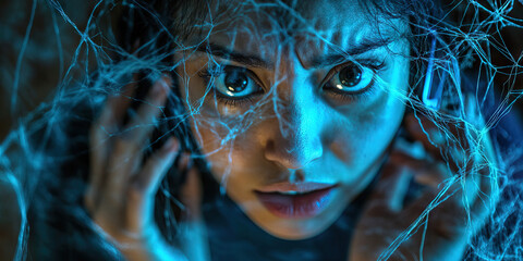 Tangled Web of Deceit: A woman caught in a web of lies, gesturing nervously as she talks on the phone.