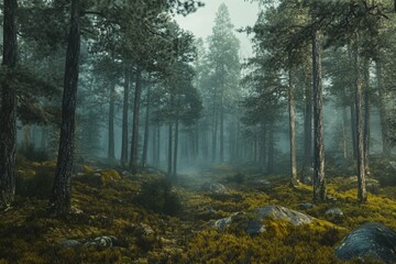 Naklejka premium Misty Forest Path Through Tall Pine Trees