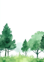 Watercolor, simple, cartoon style, forest summer green trees and grass at the bottom of the page, white background for an instagram story, card, wallpaper, template copy space.