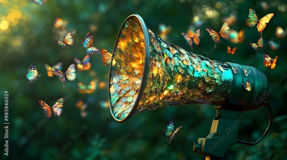 Aufkleber a captivating 3d depicts a megaphone adorned with shimmering iridescent butterfly wings set against 