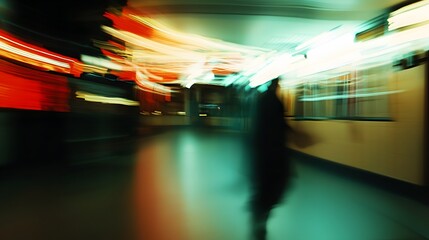 Obraz premium Blurry Abstract of a Person Walking Through a Building with Neon Lights