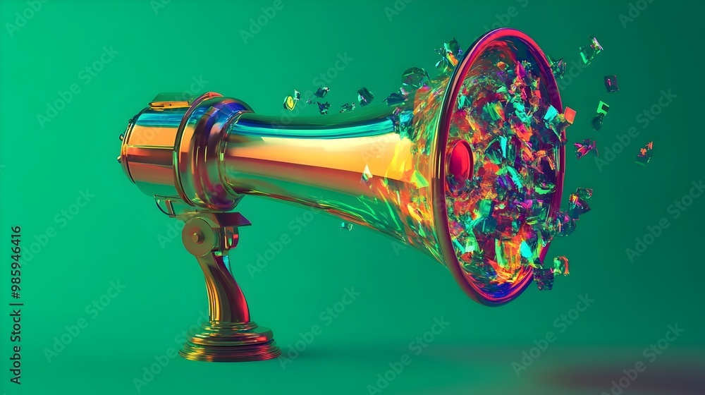Aufkleber a captivating 3d digital portrays a megaphone covered with colorful dynamic holographic projections 