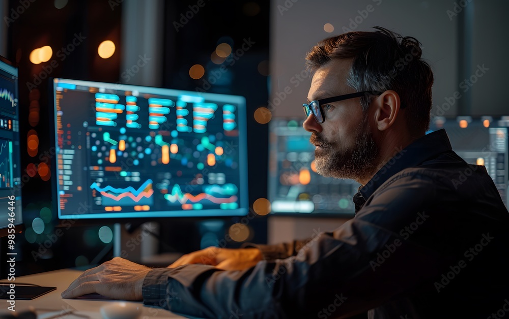 Poster a focused man analyzes complex data on multiple screens in a modern office setting with a city backd